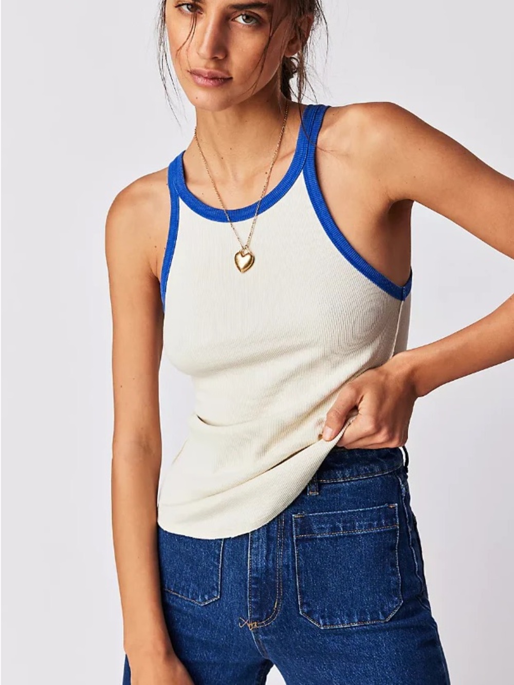 We The Free Cream Tank with Blue Trim Accents